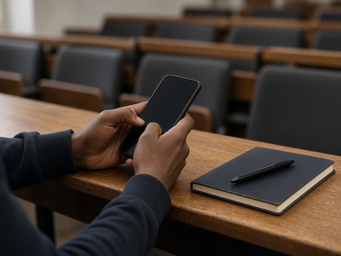 A student holding a phone at a lecture desk
